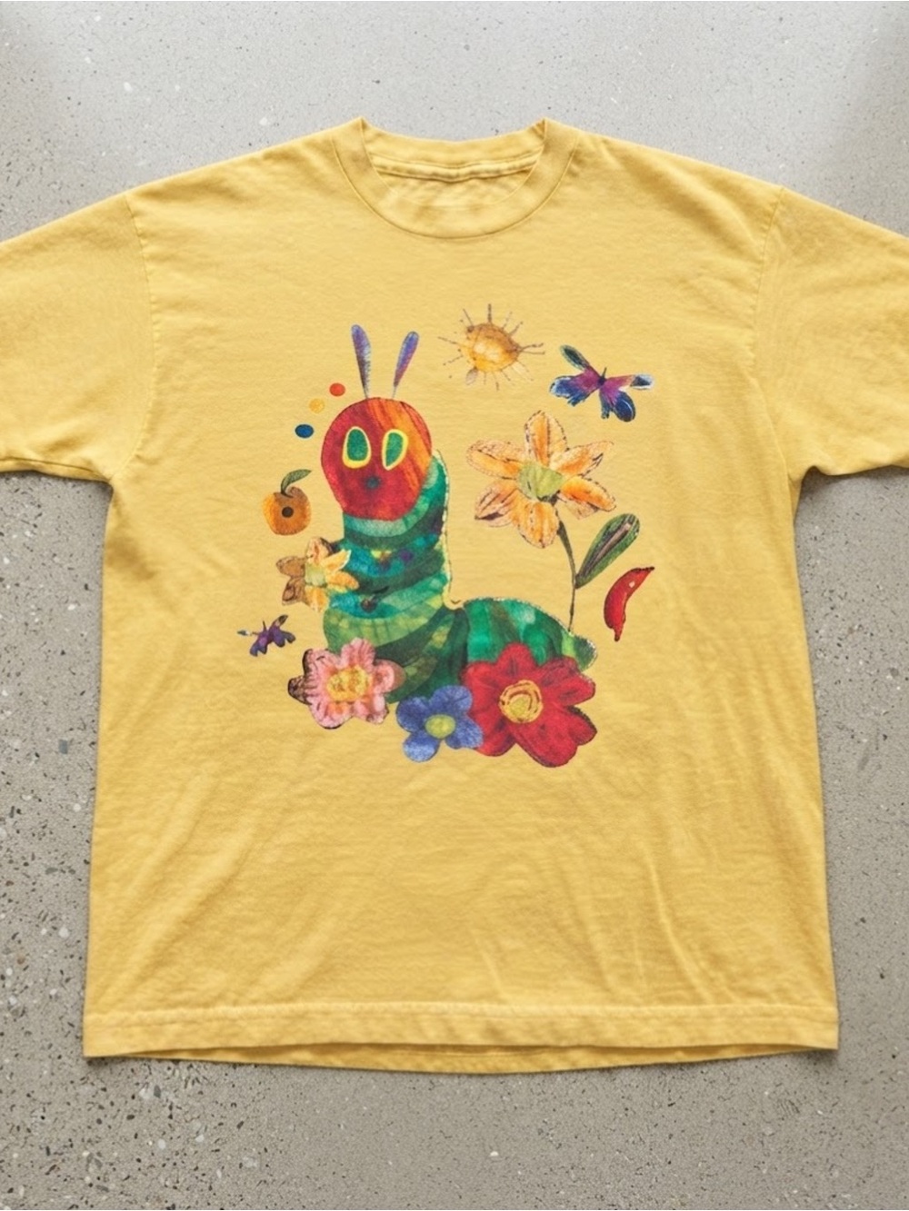 Colorful Caterpillar Butterfly Graphic Print Yellow Cotton Gildan T-Shirt